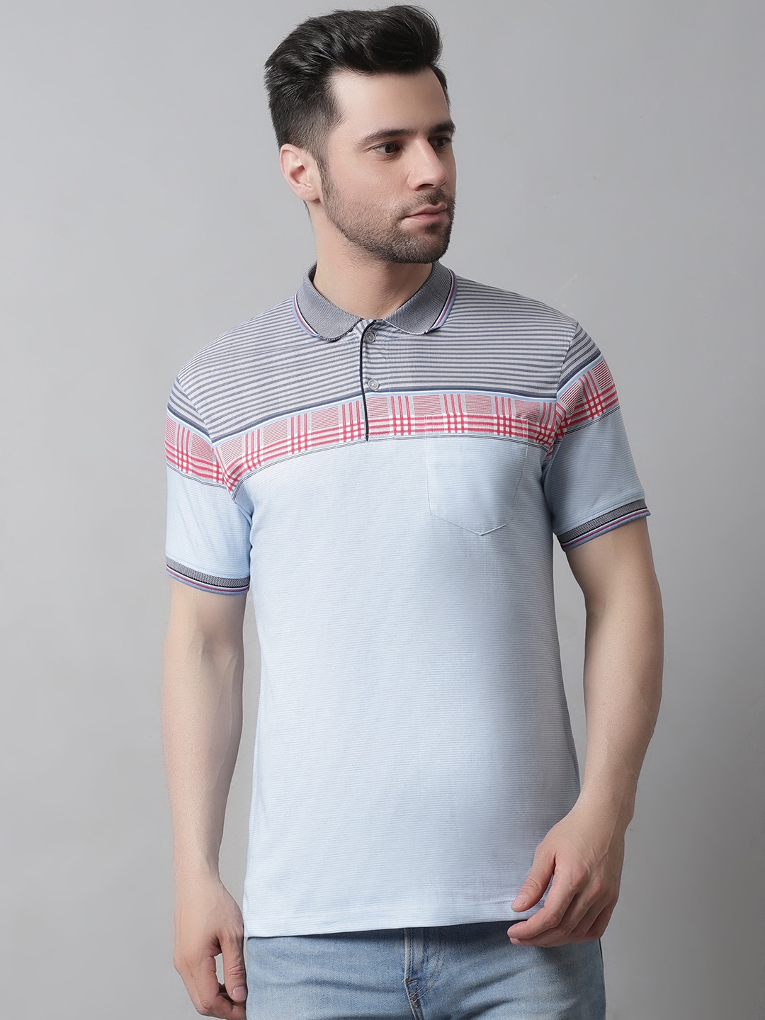 

VENITIAN Typography Striped Polo Collar Pure Mercerised Cotton T-shirt, Blue