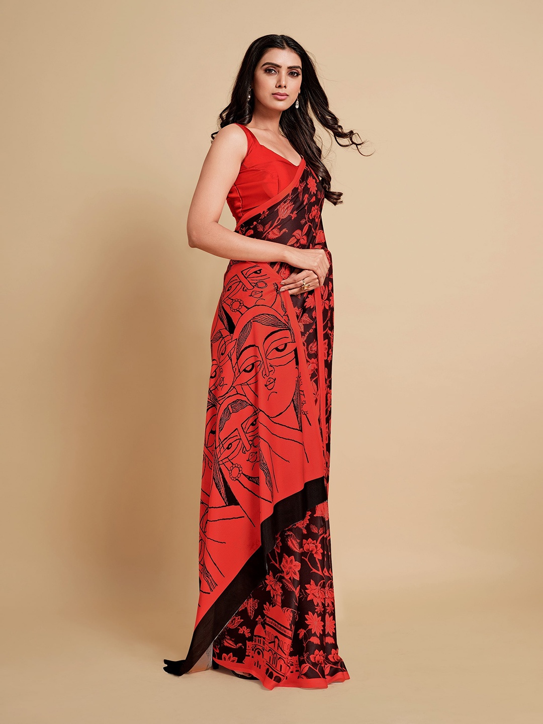 

Sangria Printed Satin Sarees, Red