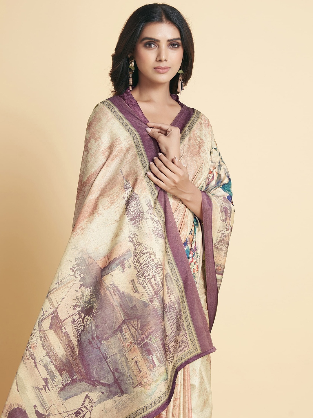 

Sangria Floral Printed Satin Sarees, Beige
