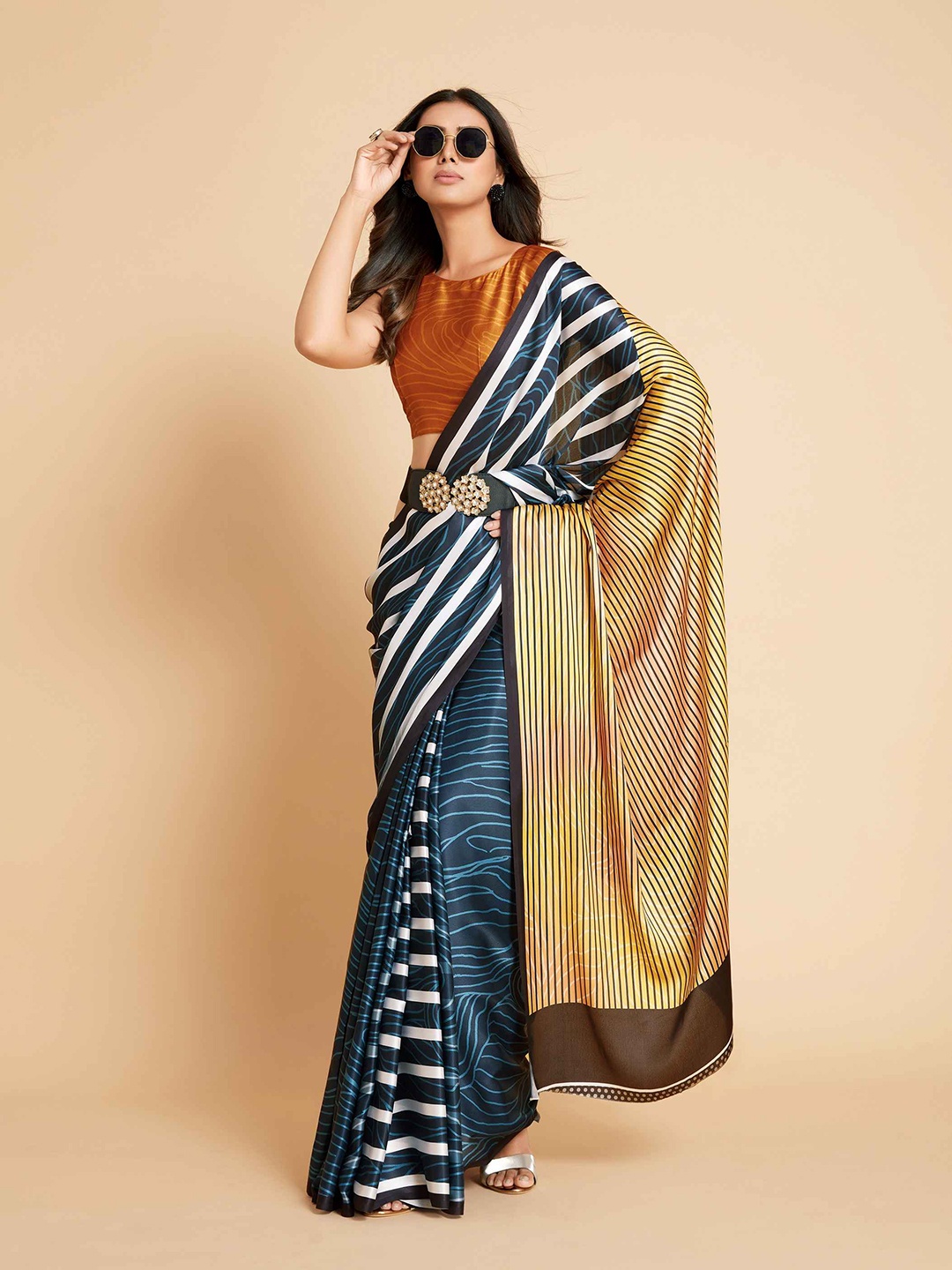 

Sangria Striped Satin Saree, Black
