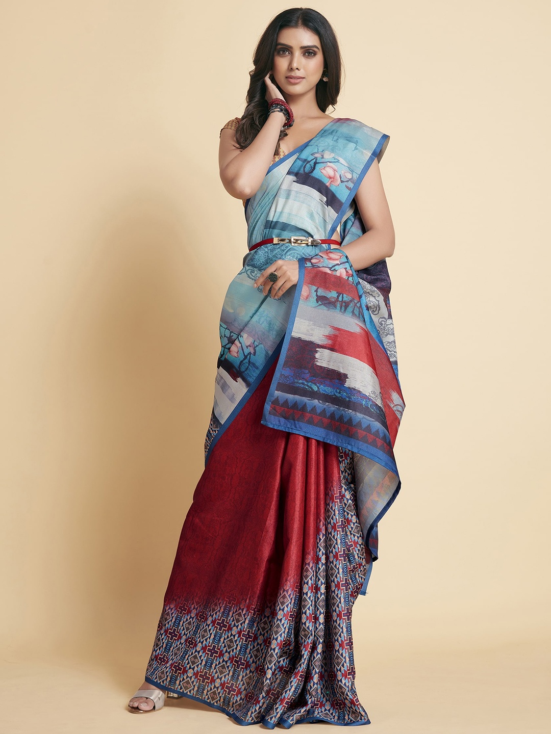 

Sangria Abstract-Printed Satin Saree, Red