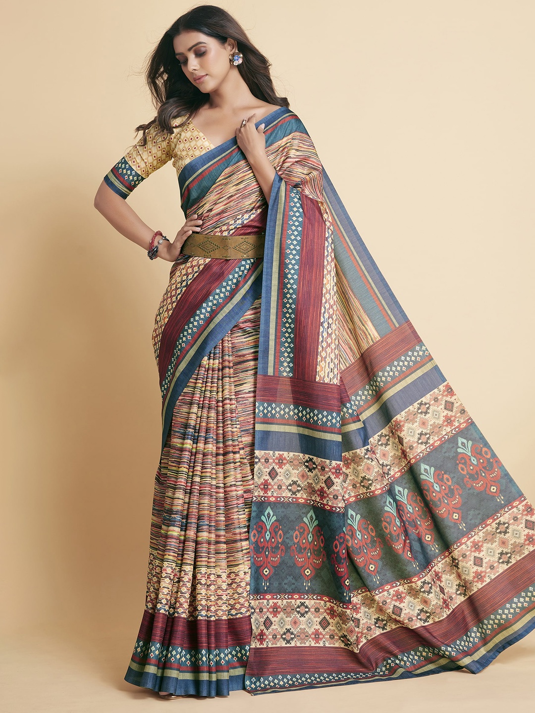 

Sangria Abstract-Printed Satin Saree, Beige