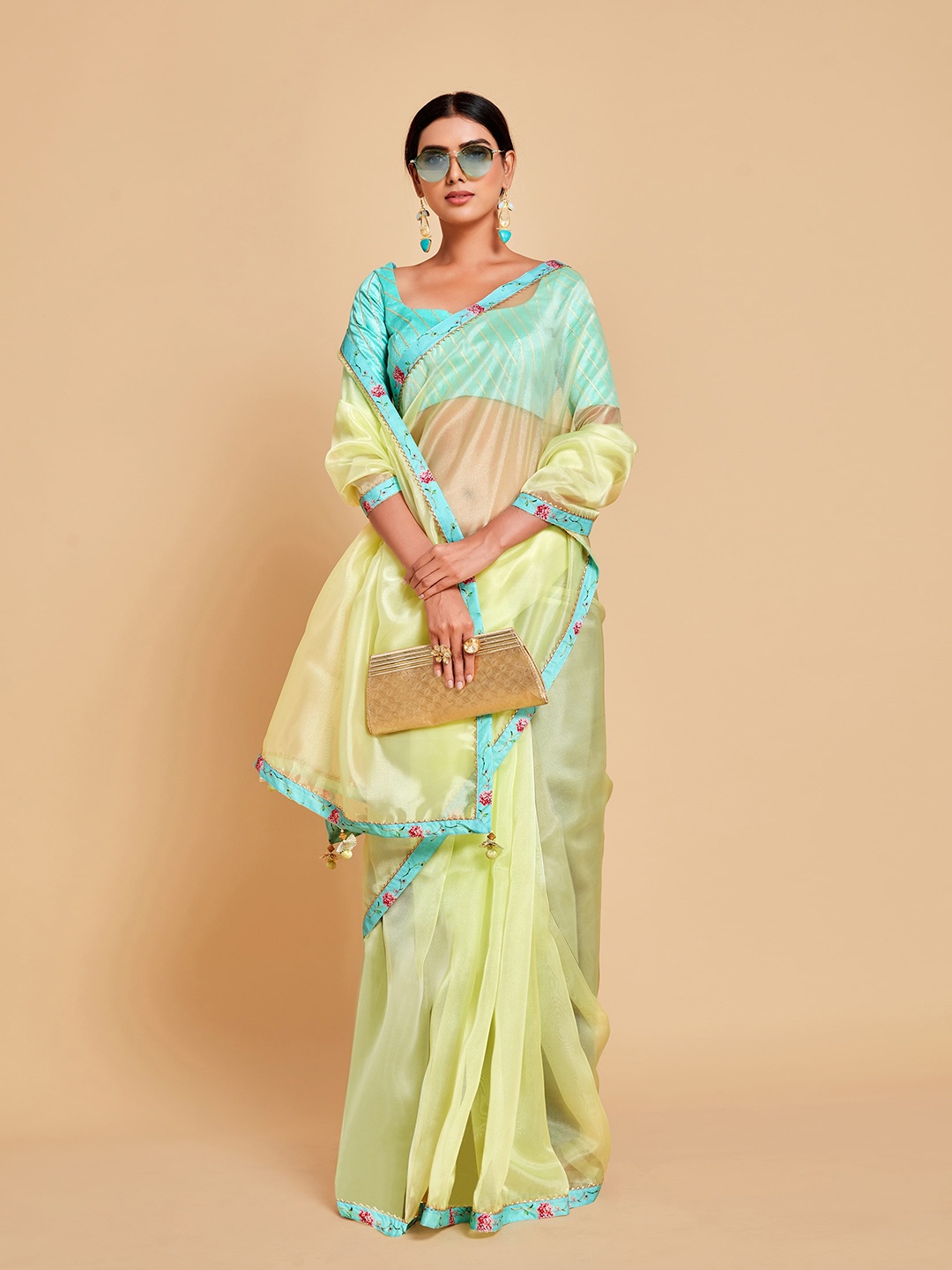 

Sangria Floral Printed Border Gotta Patti Organza Saree, Lime green