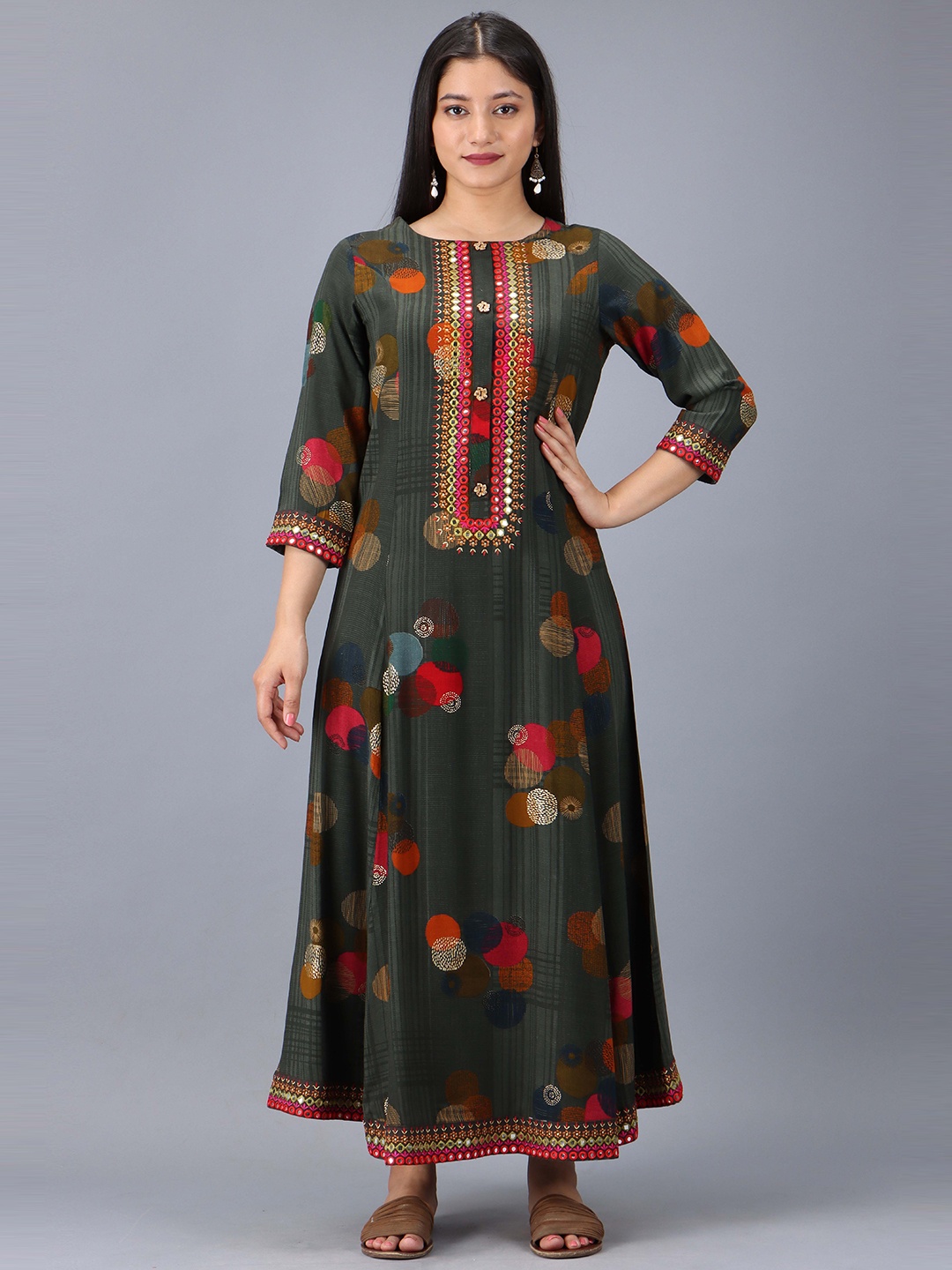 

KALINI Round Neck Geometric Printed Embellished Maxi Dress, Olive