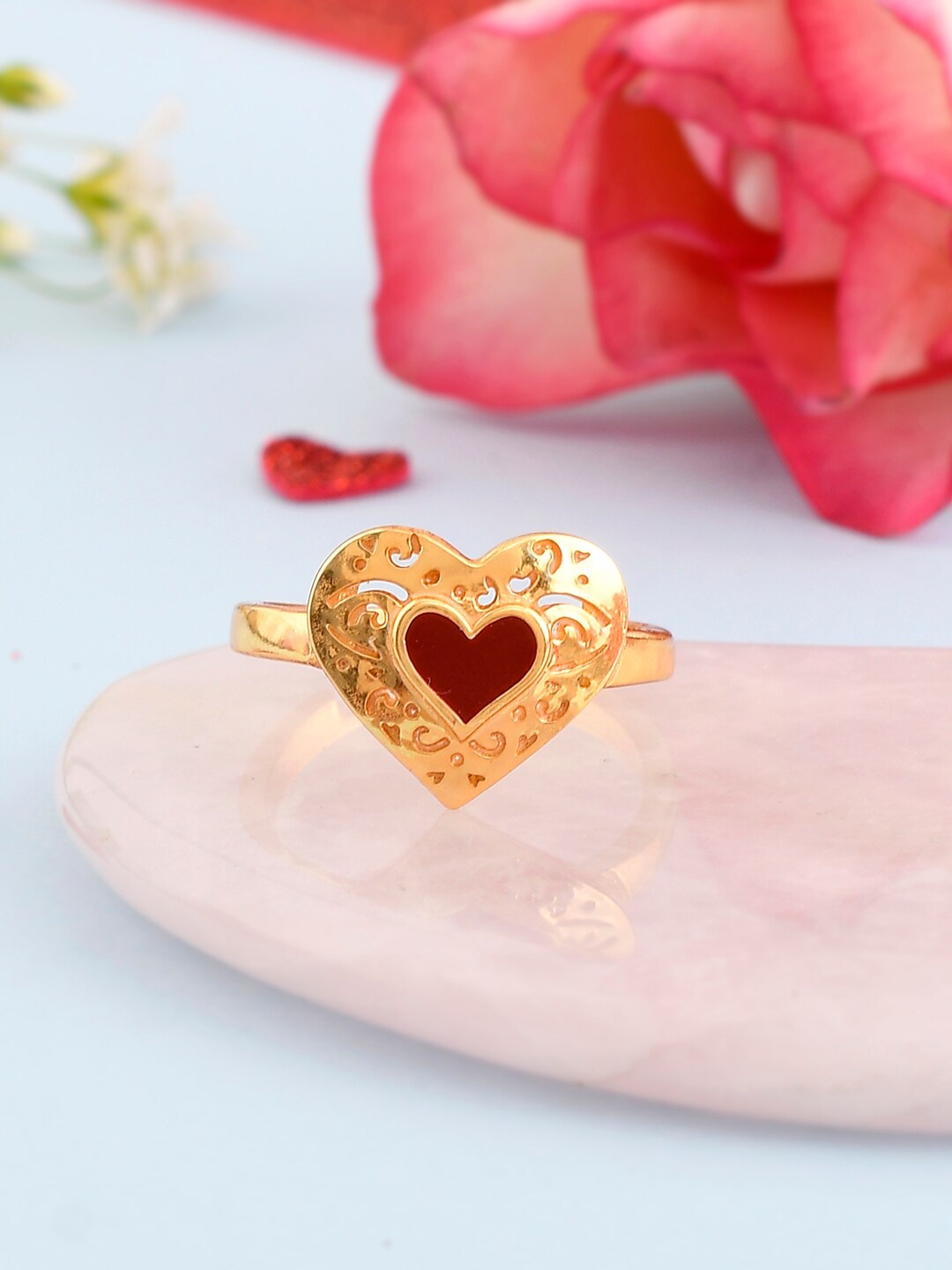 

Voylla Valentine's Day Collection Gold-Plated Cutwork Hearts Adjustable Finger Ring