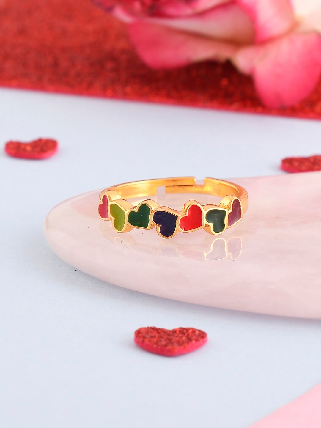 

Voylla Gold-Plated Tiny Coloured Heart Adjustable Finger Ring