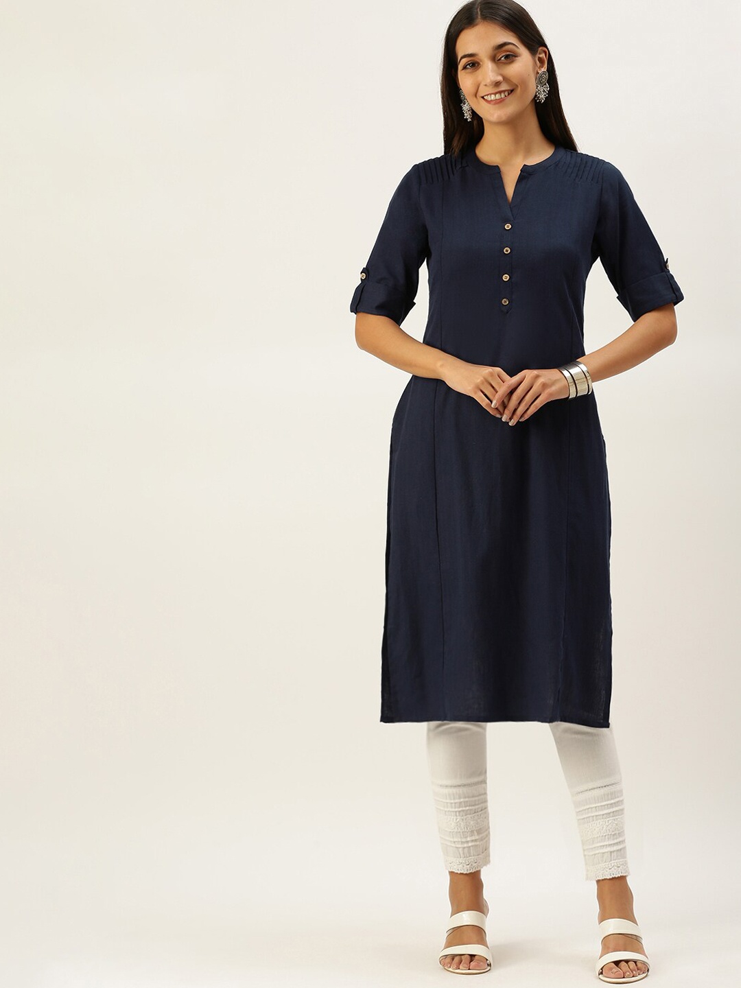 

Vedic Mandarin collar Roll-Up Sleeves Panelled Straight Kurta, Blue