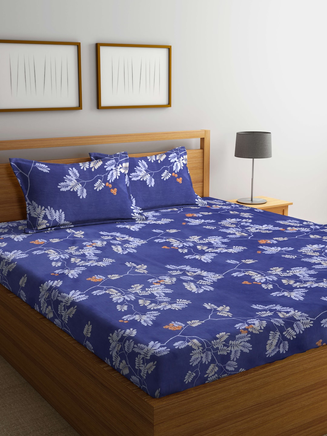

Arrabi Blue & Grey Floral 300 TC Flat King Bedsheet with 2 Pillow Covers