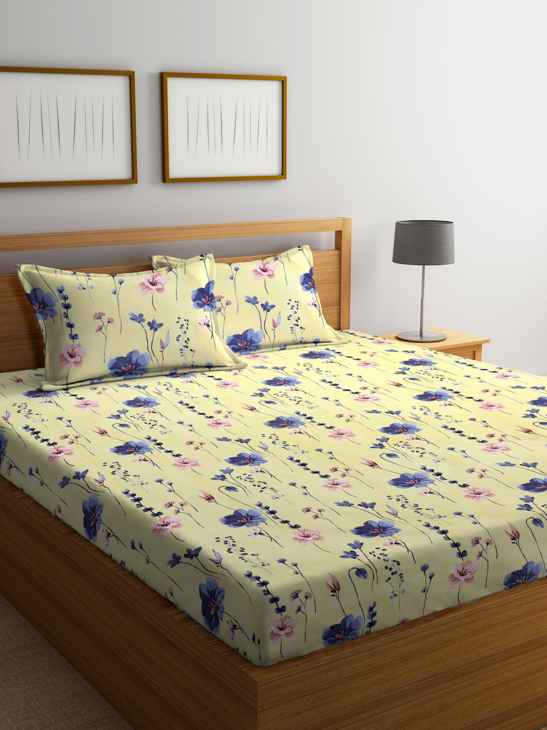 

Arrabi Yellow & Blue Floral 300 TC Flat King Bedsheet with 2 Pillow Covers