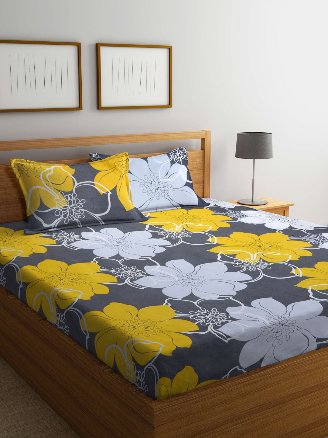 

Arrabi Grey & Yellow Floral 300 TC Flat King Bedsheet with 2 Pillow Covers