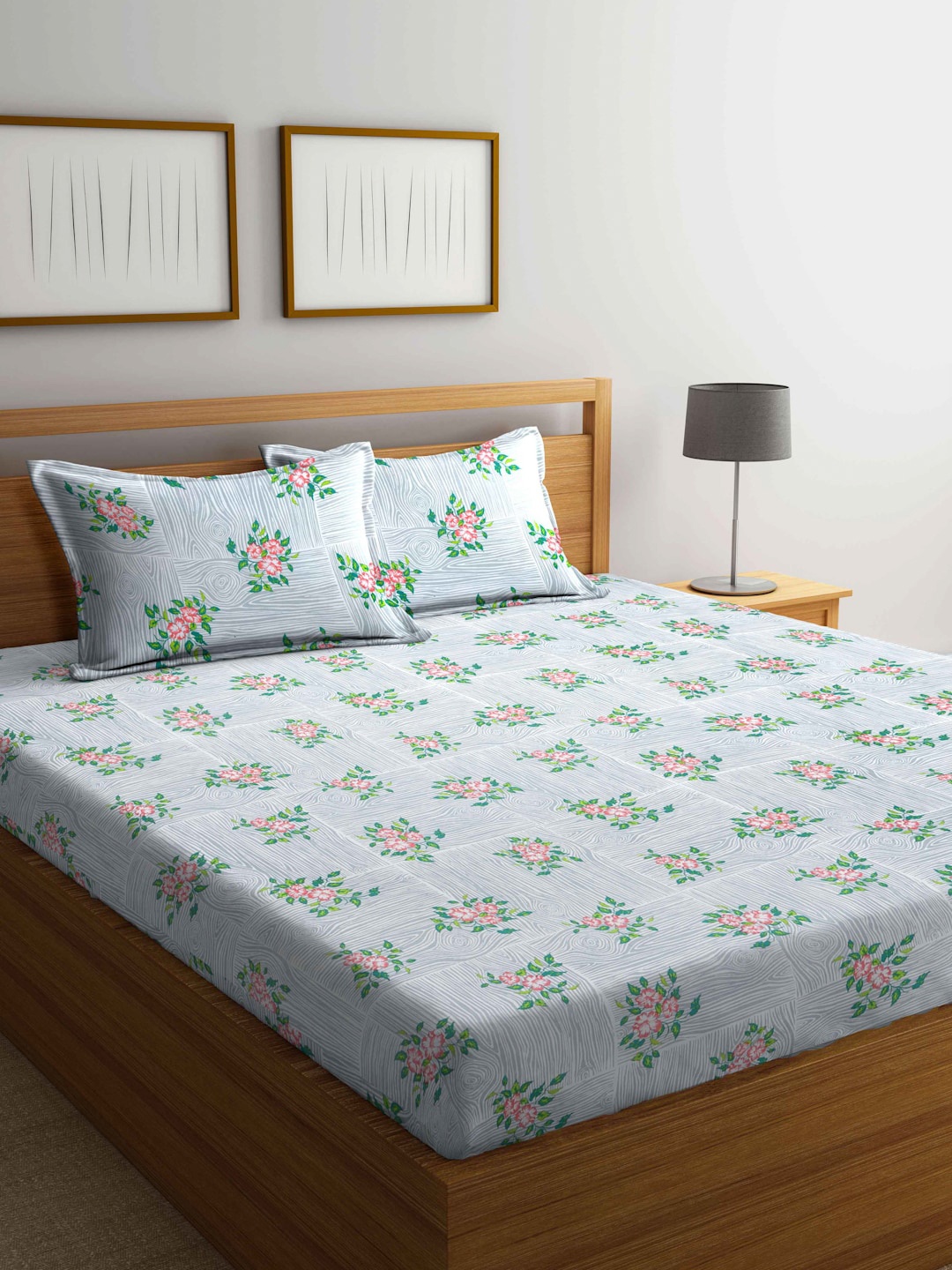 

Arrabi Grey & Pink Floral 300 TC Flat King Bedsheet with 2 Pillow Covers