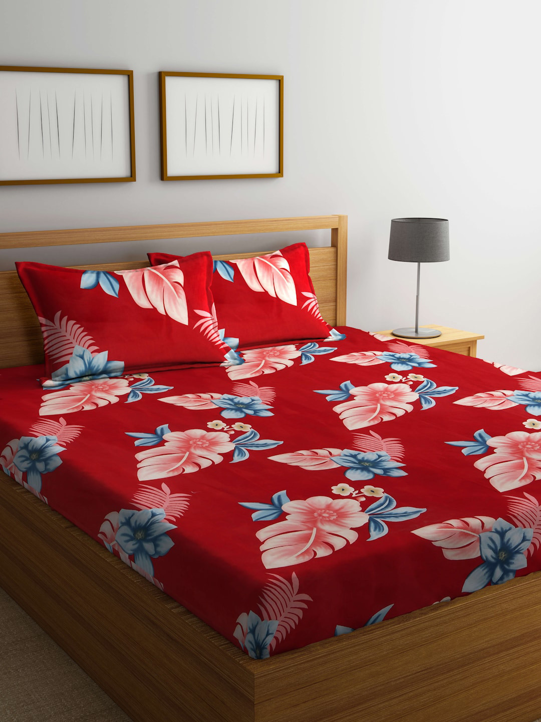 

Arrabi Red & Blue Floral 300 TC Flat King Bedsheet with 2 Pillow Covers