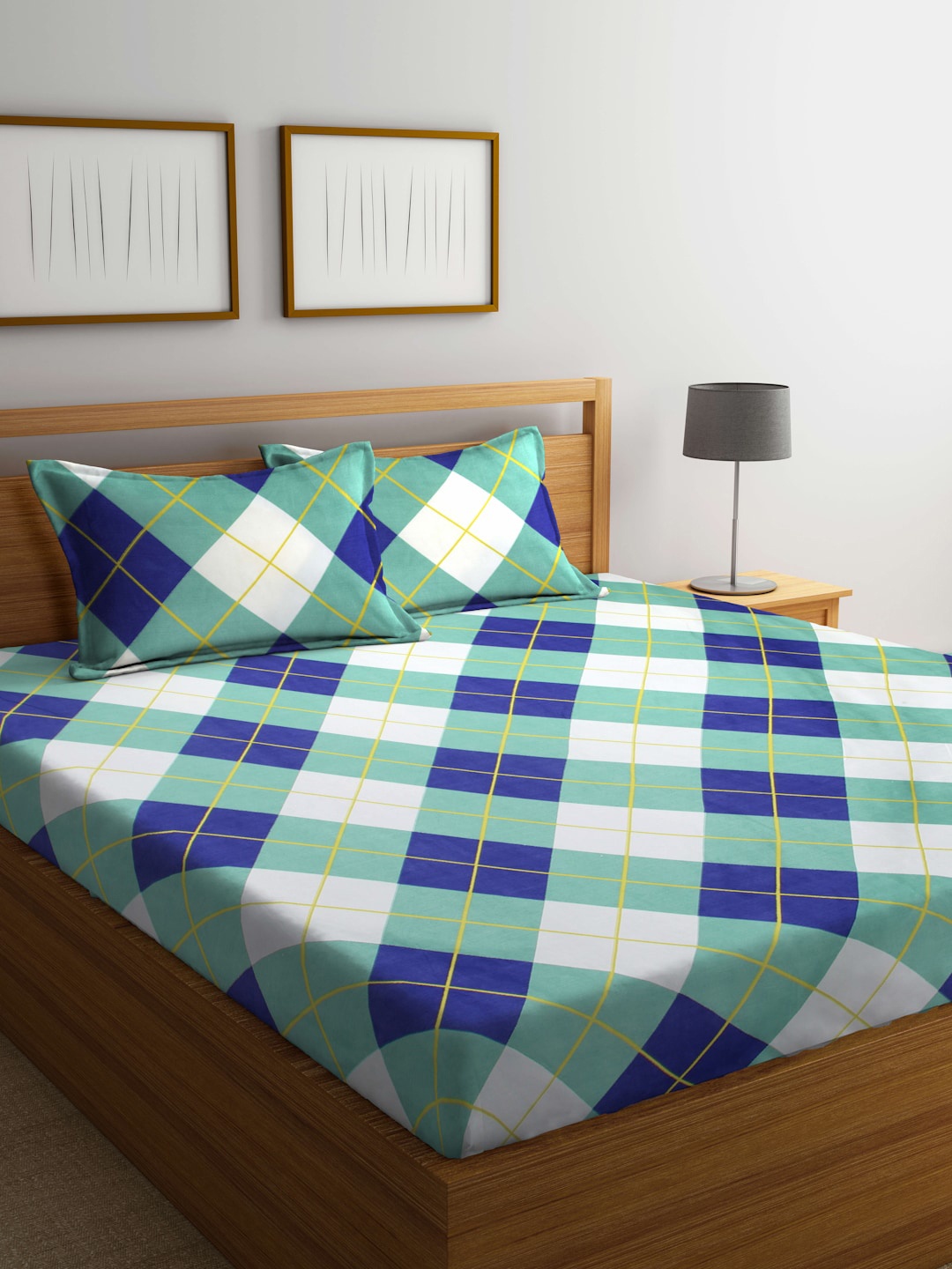

Arrabi Green & Blue Geometric 300 TC Flat King Bedsheet with 2 Pillow Covers