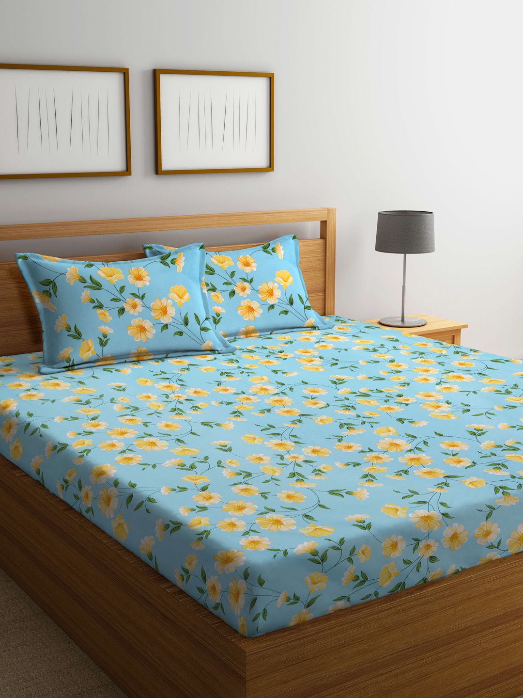 

Arrabi Teal Blue & Yellow Floral 300 TC Flat King Bedsheet with 2 Pillow Covers