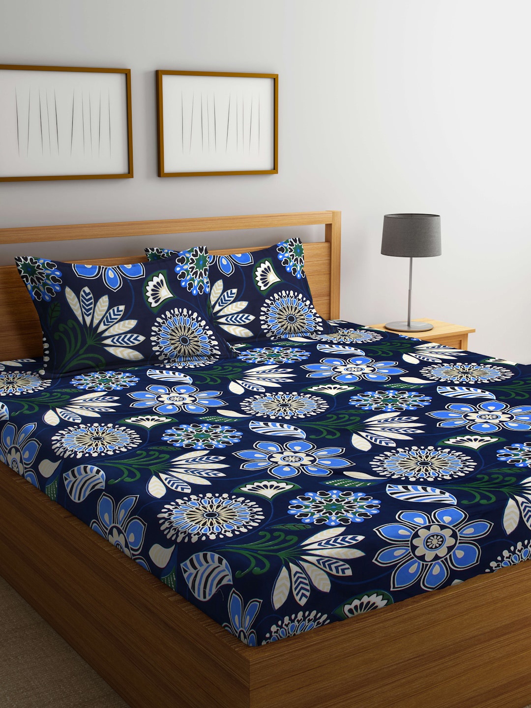 

Arrabi Blue & White Floral 300 TC Flat King Bedsheet with 2 Pillow Covers