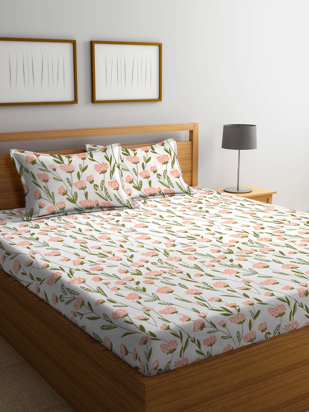 

Arrabi Cream-Coloured Floral 300 TC Flat King Bedsheet with 2 Pillow Covers