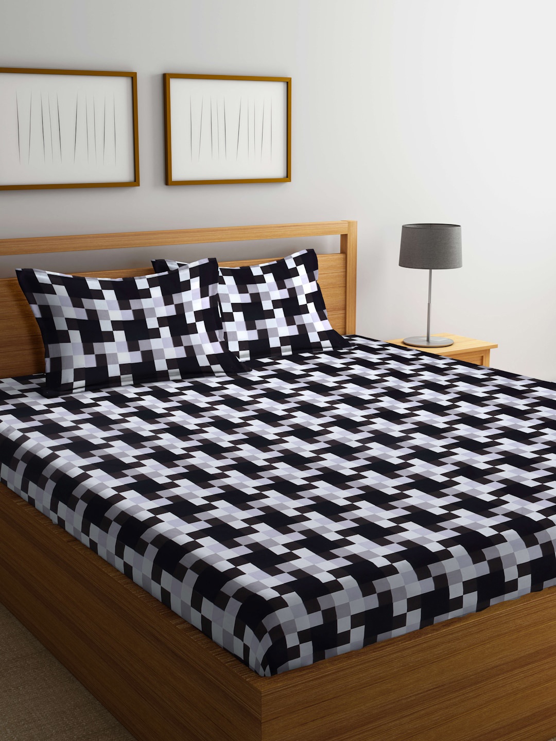 

Arrabi Black & White Geometric 300 TC Flat King Bedsheet with 2 Pillow Covers