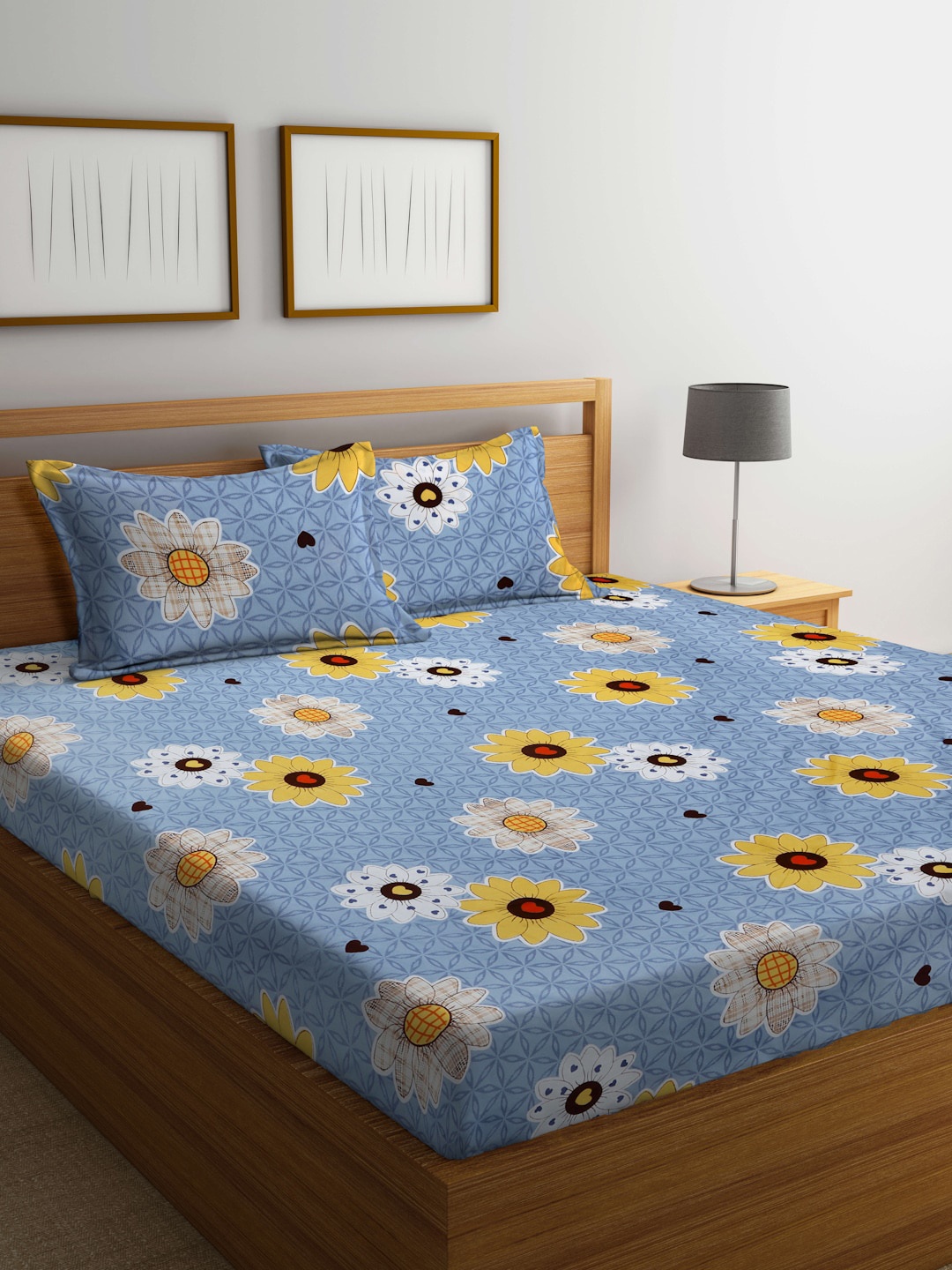 

Arrabi Grey & Yellow Floral 300 TC Flat King Bedsheet with 2 Pillow Covers