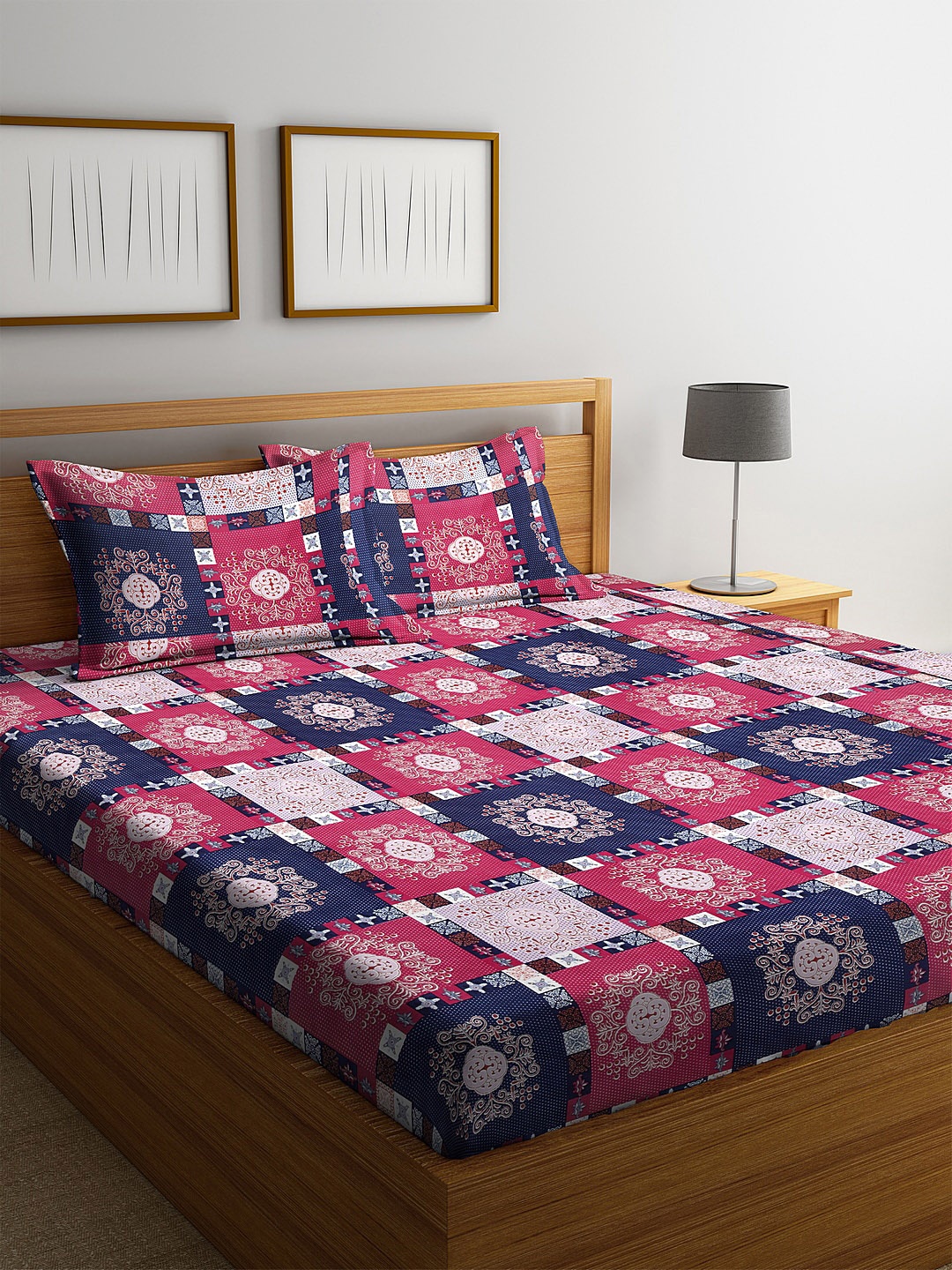 

Arrabi Pink & Blue Ethnic Motifs 300 TC Flat King Bedsheet with 2 Pillow Covers
