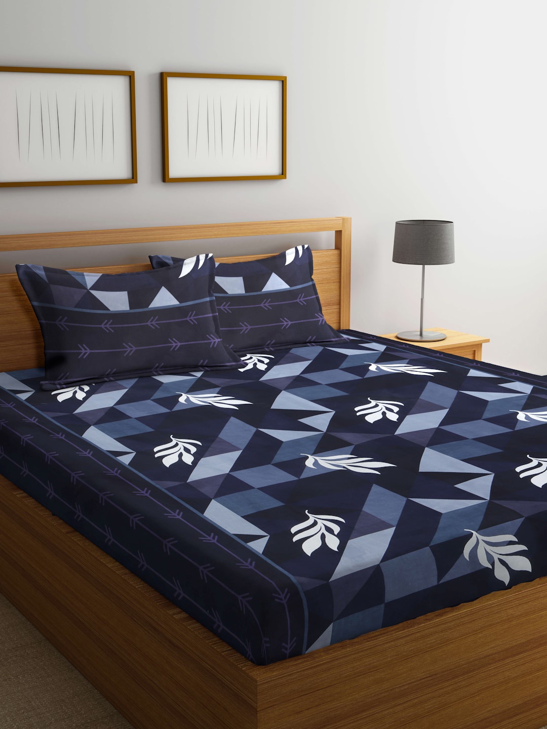

Arrabi Blue & White Geometric 300 TC Flat King Bedsheet with 2 Pillow Covers