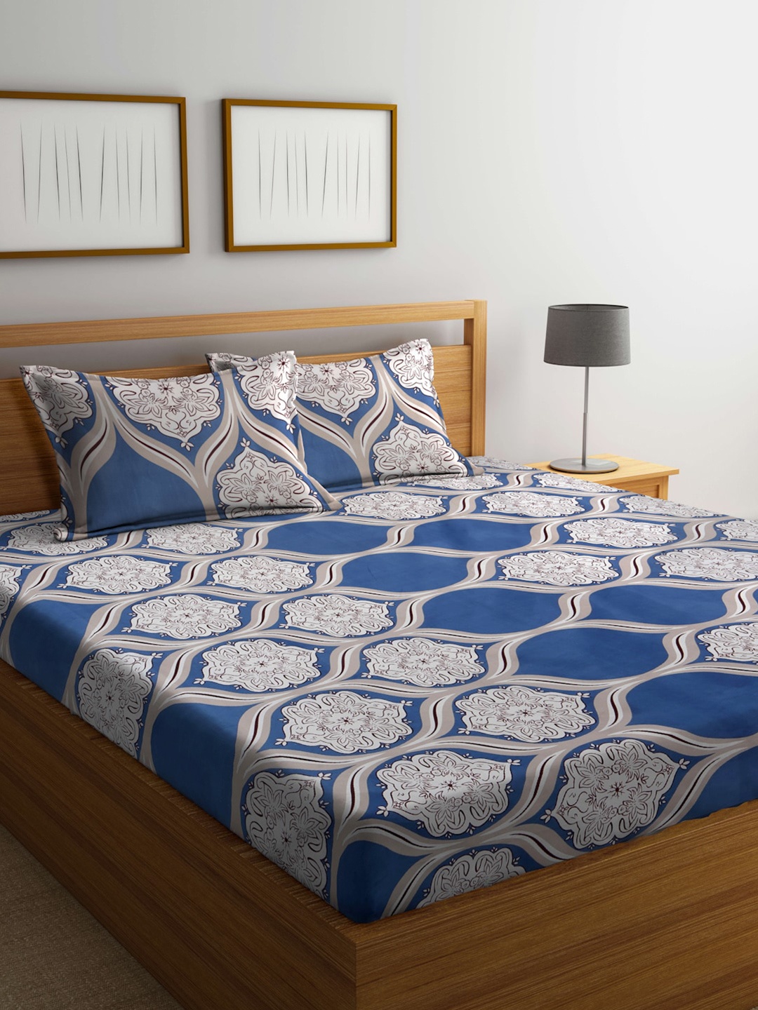 

Arrabi Beige & Blue Ethnic Motifs 300 TC Flat King Bedsheet with 2 Pillow Covers