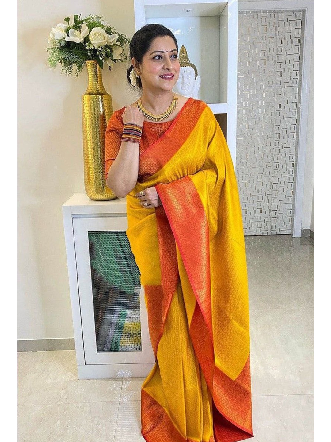

Wuxi Woven Design Zari Pure Silk Banarasi Saree, Yellow