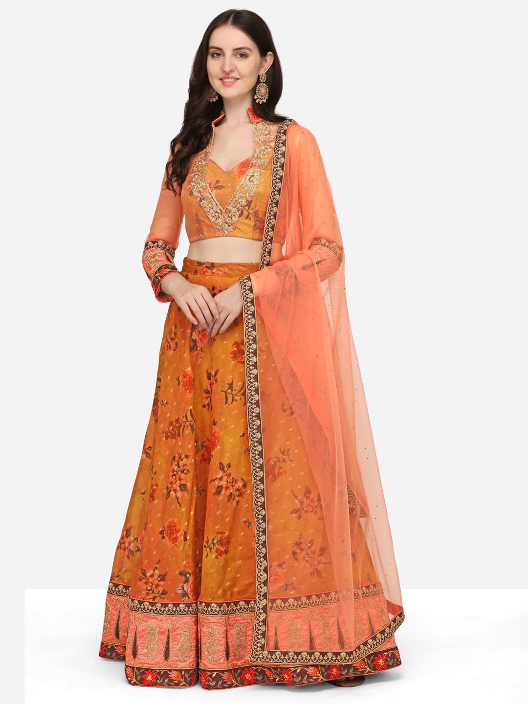 

SAPTRANGI Embroidered Ready to Wear Lehenga & Blouse With Dupatta, Mustard