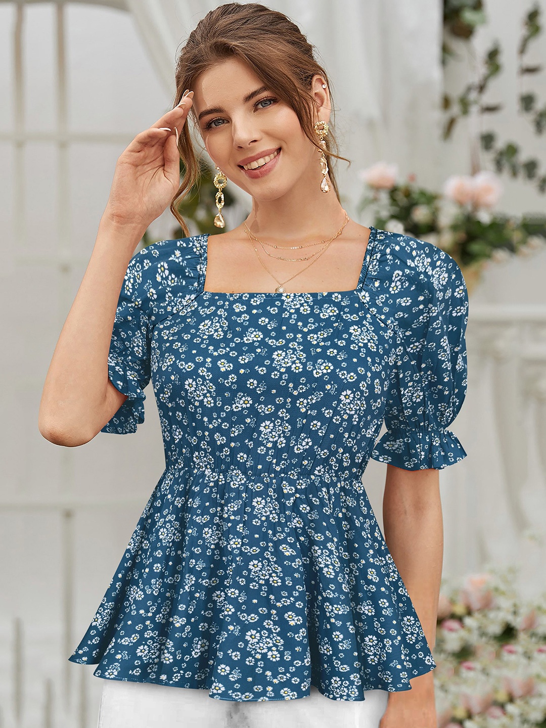 

KERI PERRY Floral Print Peplum Top, Teal