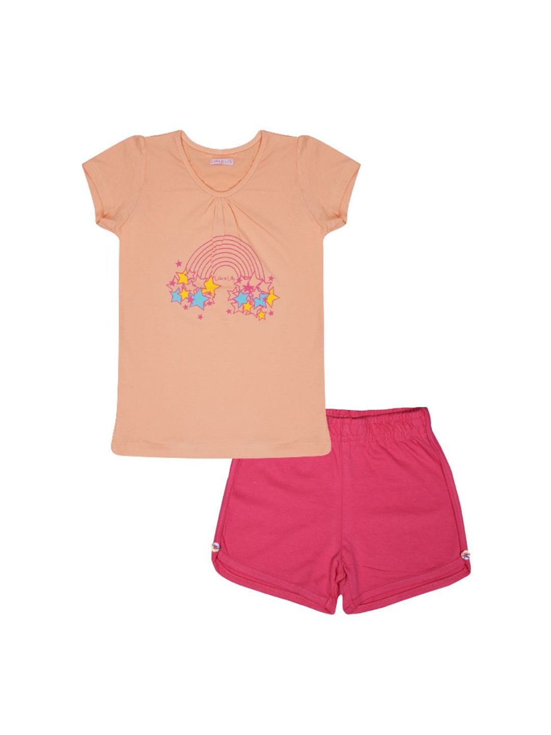 

Luke & Lilly Girls Graphic Printed Pure Cotton T-shirt with Shorts, Peach