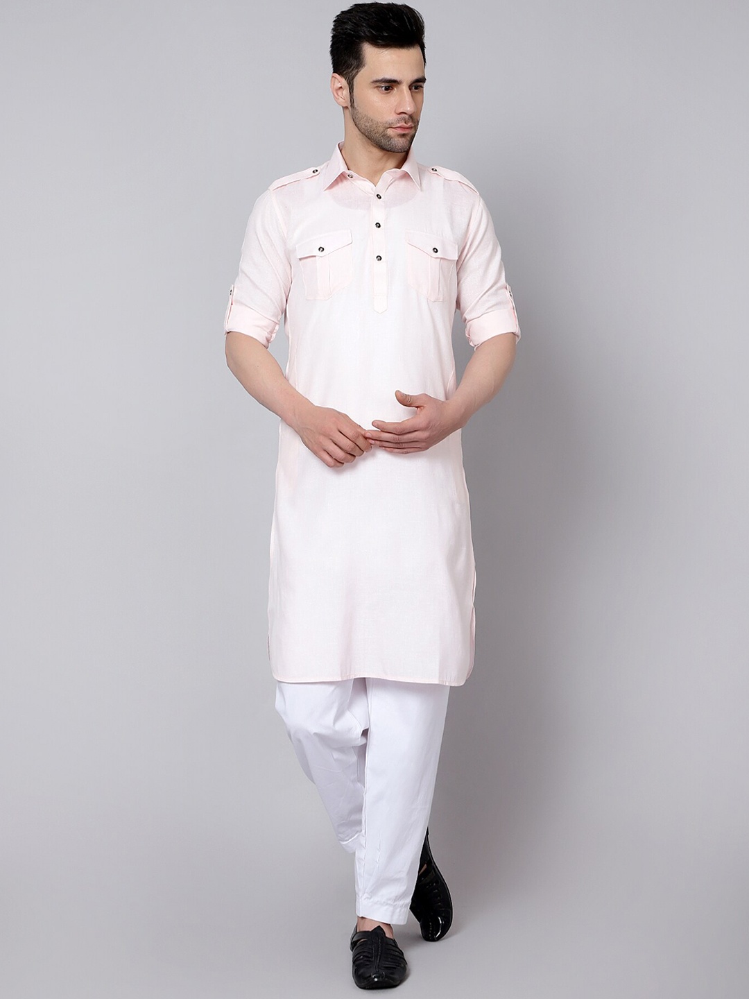 

HERE&NOW Men Pathani Curved Kurta with Salwar, Pink