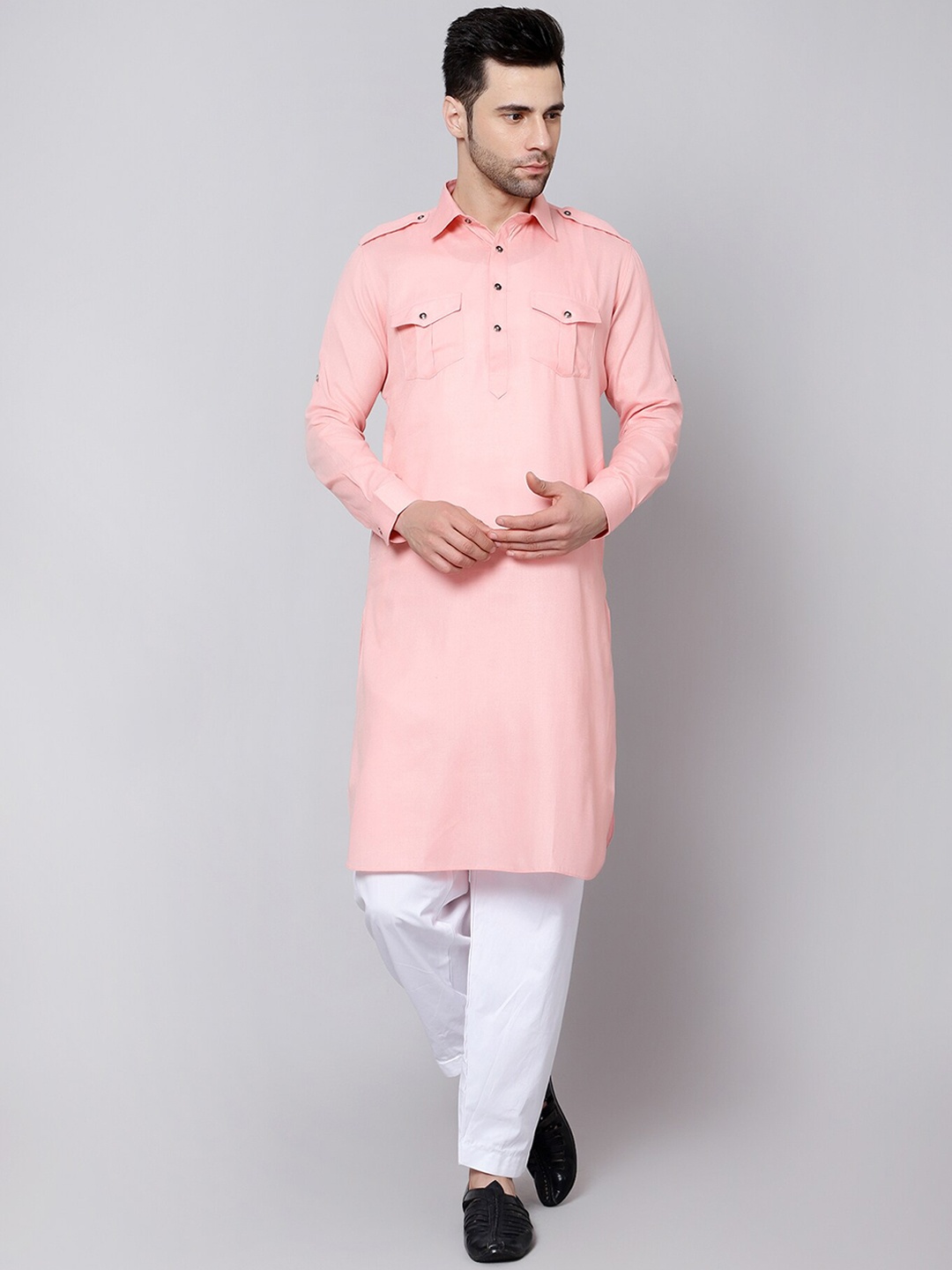 

HERE&NOW Curved Hem Pathani Kurta with Pyjamas, Peach