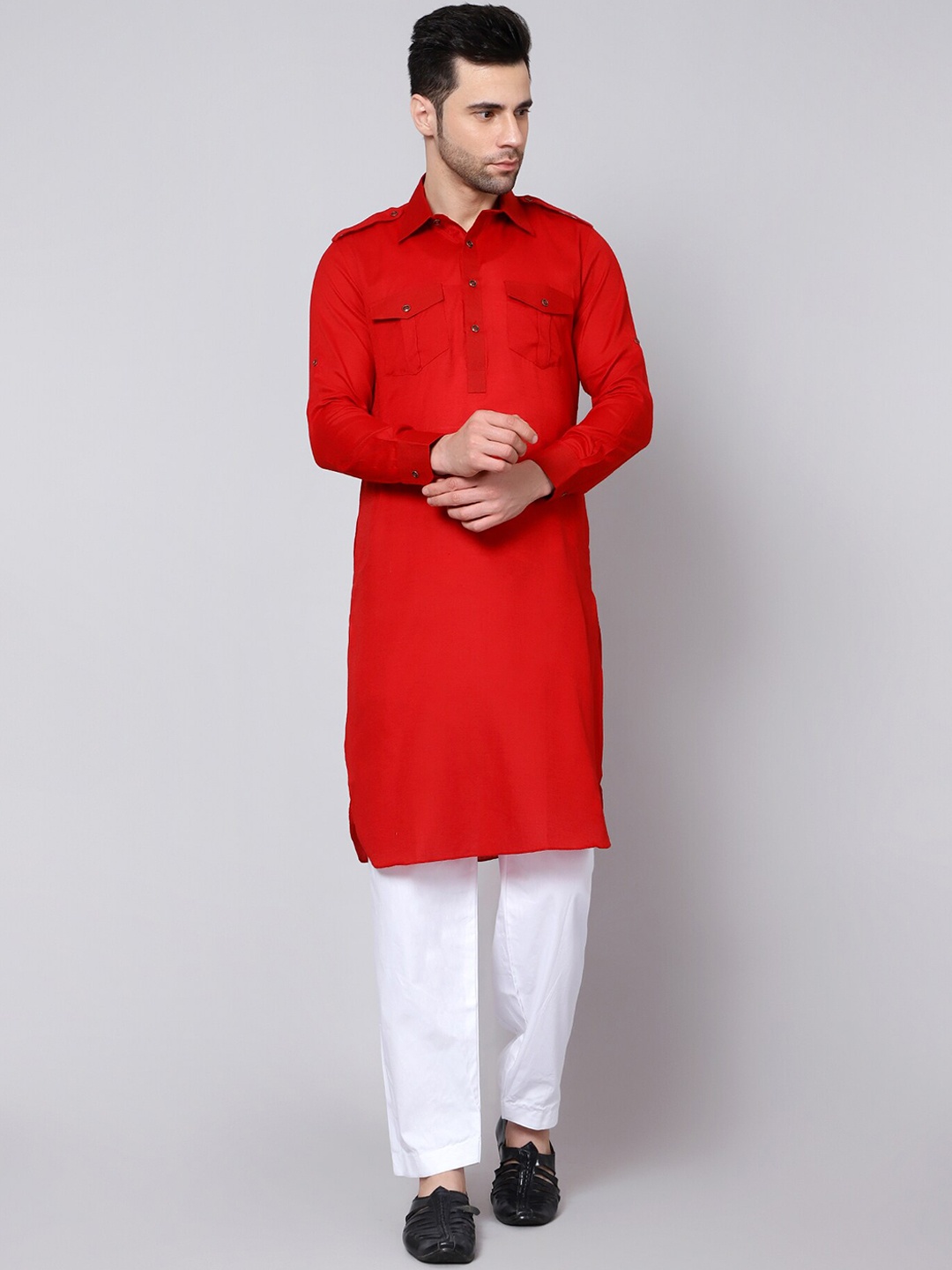 

HERE&NOW Men Curved Hem Pathani Kurta with Pyjamas, Red