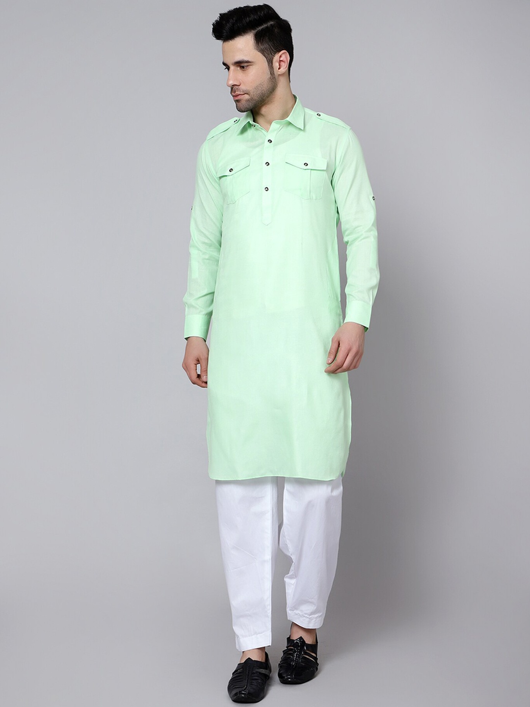 

HERE&NOW Shirt Collar Straight Kurta with Salwar, Green