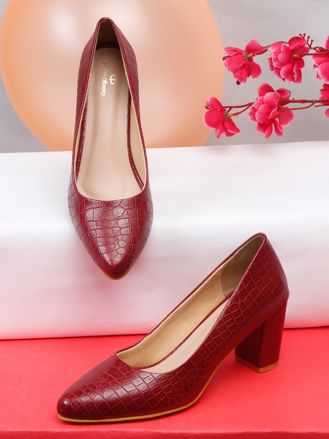

pelle albero Textured Block Heel Pumps, Maroon