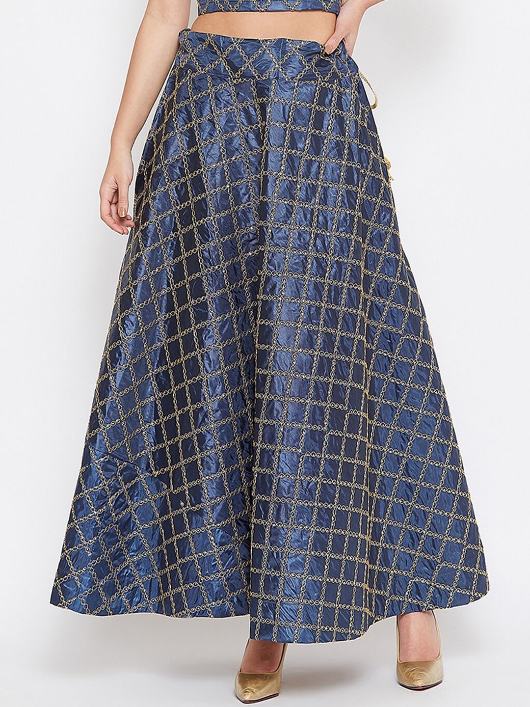 

TULIP 21 Embellished Thread Work Flared Maxi Skirts, Navy blue