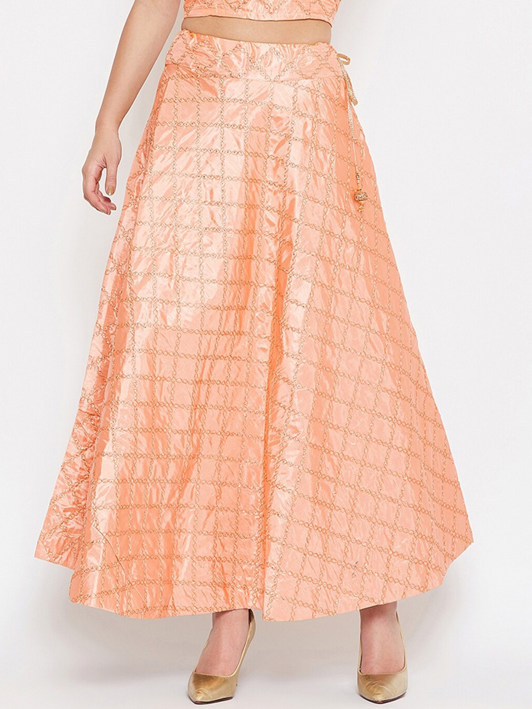 

TULIP 21 Embellished Thread Work Flared Pure Silk Maxi Skirt, Peach
