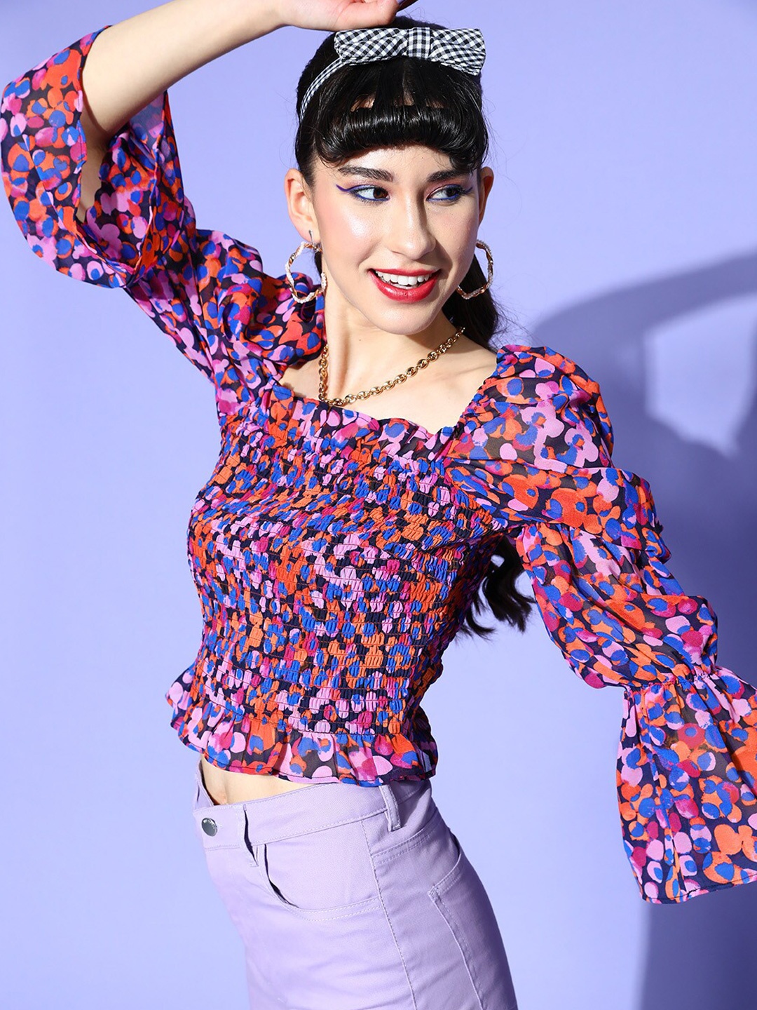 

plusS Abstract Printed Bell Sleeves Smoked Top, Purple