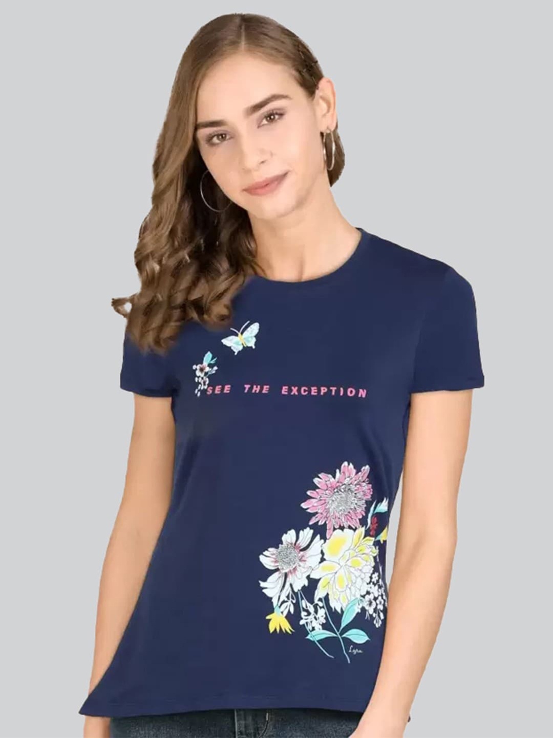 

LYRA Women Floral Printed Cotton T-shirt, Blue