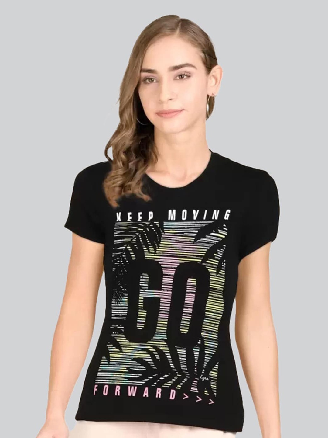 

LYRA Women Typography Printed Topical T-shirt, Black