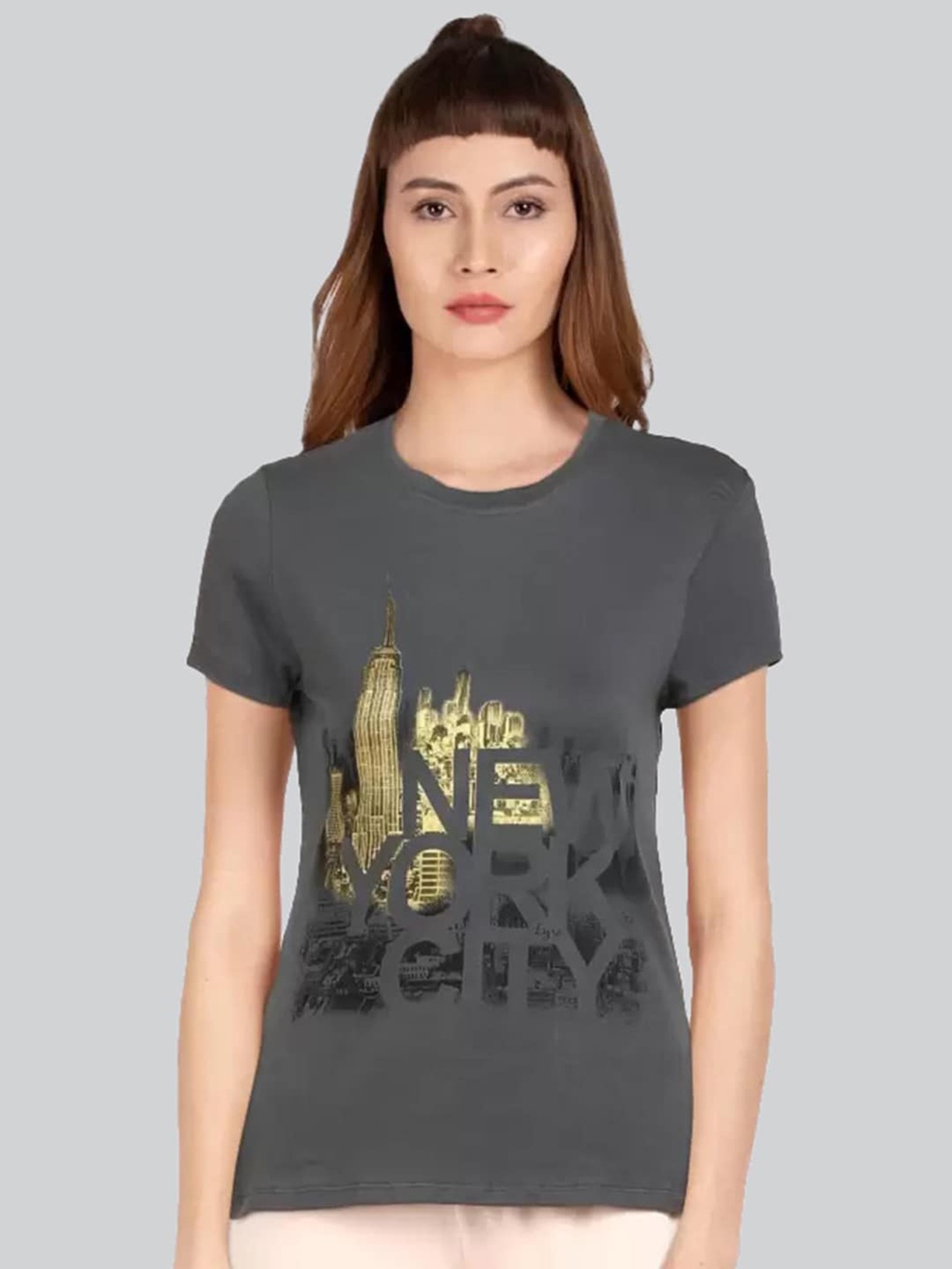 

LYRA Women Graphic Printed Cotton T-shirt, Grey