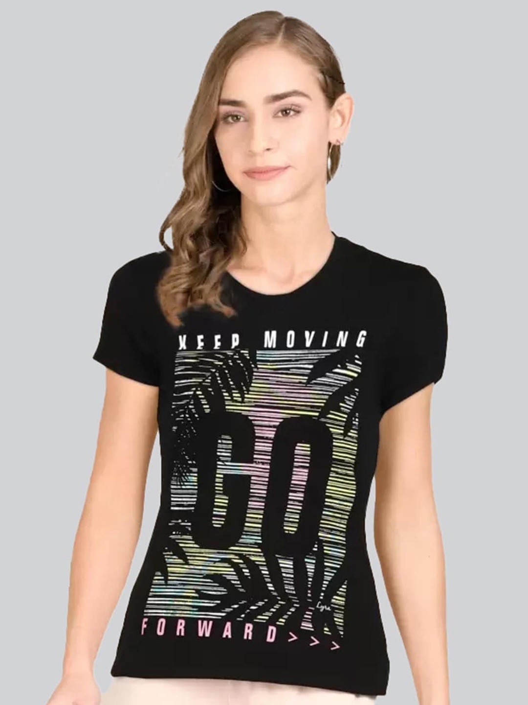 

LYRA Women Graphic Printed Cotton T-shirt, Black