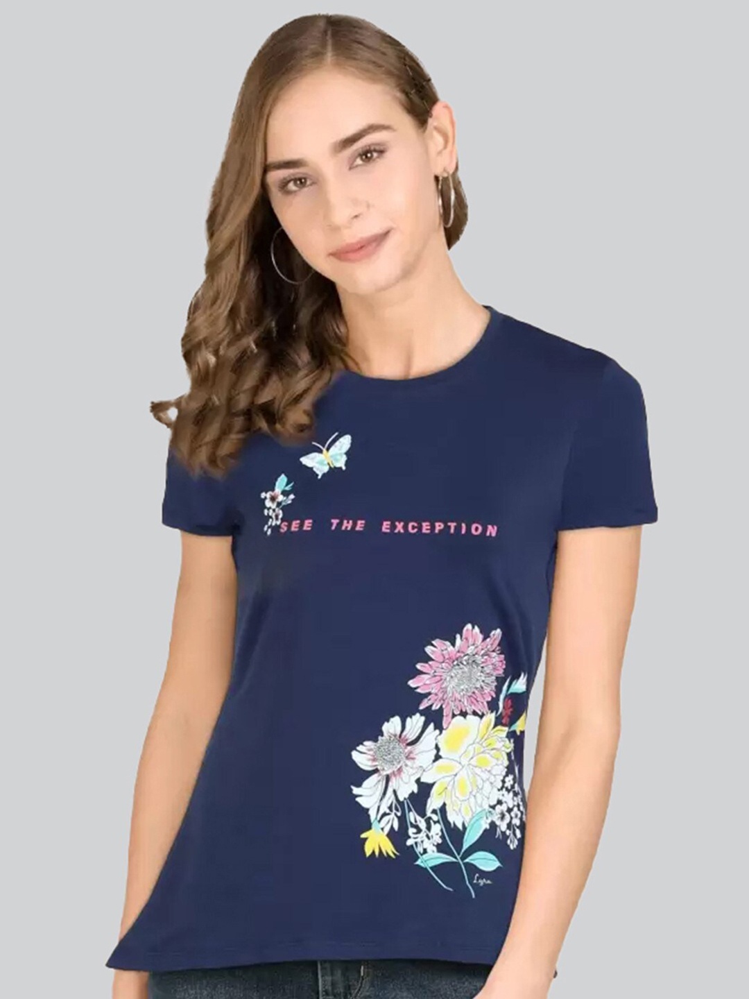 

LYRA Women Floral Printed Cotton T-shirt, Blue