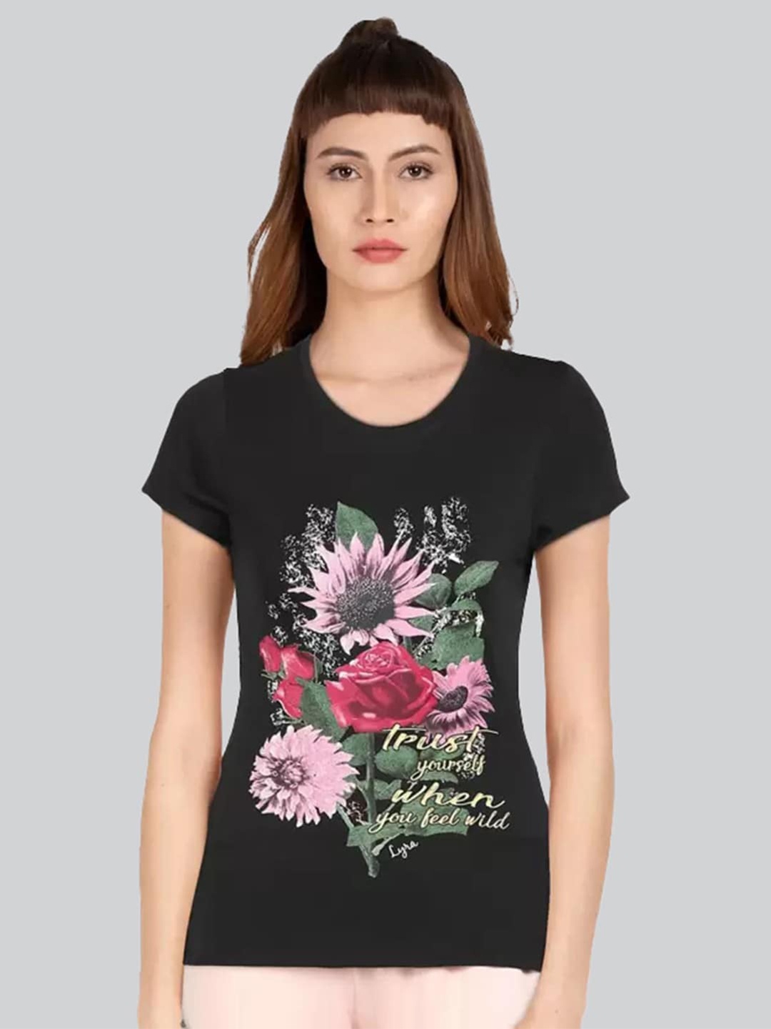 

LYRA Women Floral Printed Cotton T-shirt, Black