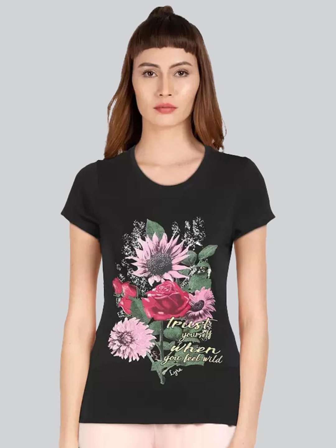 

LYRA Women Floral Printed Cotton T-shirt, Black