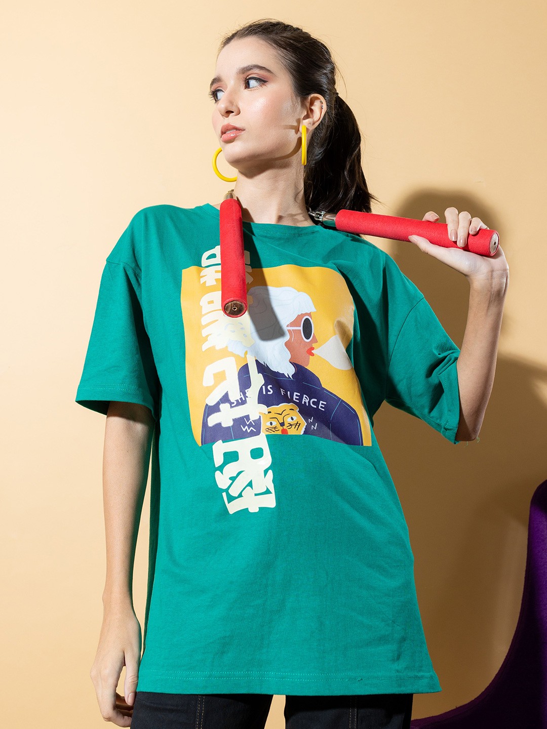 

Stylecast X Hersheinbox Women Graphic Printed Relaxed Fit Pure Cotton T-shirt, Green