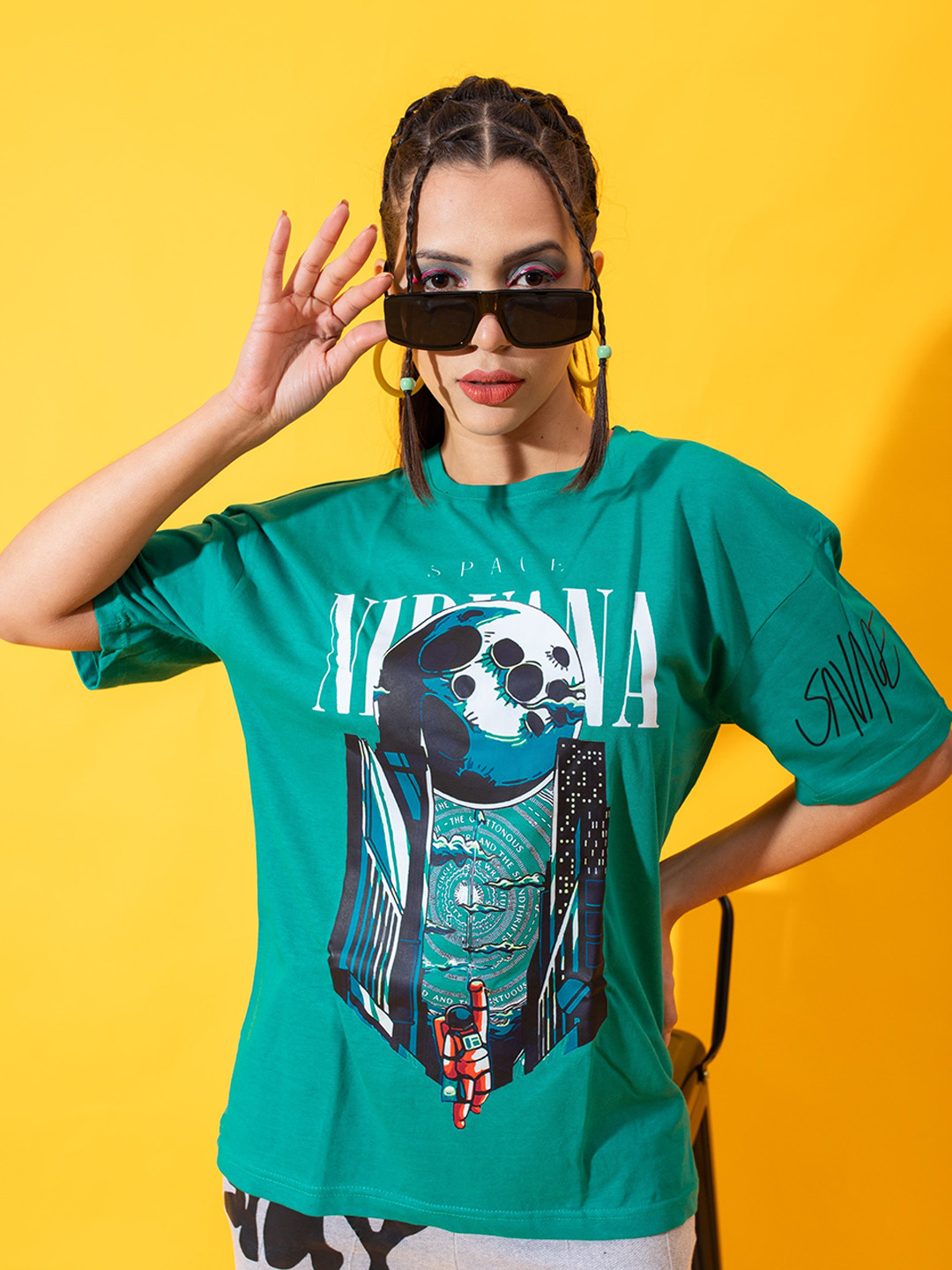 

Stylecast X Hersheinbox Women Printed Pure Cotton Boxy T-shirt, Sea green