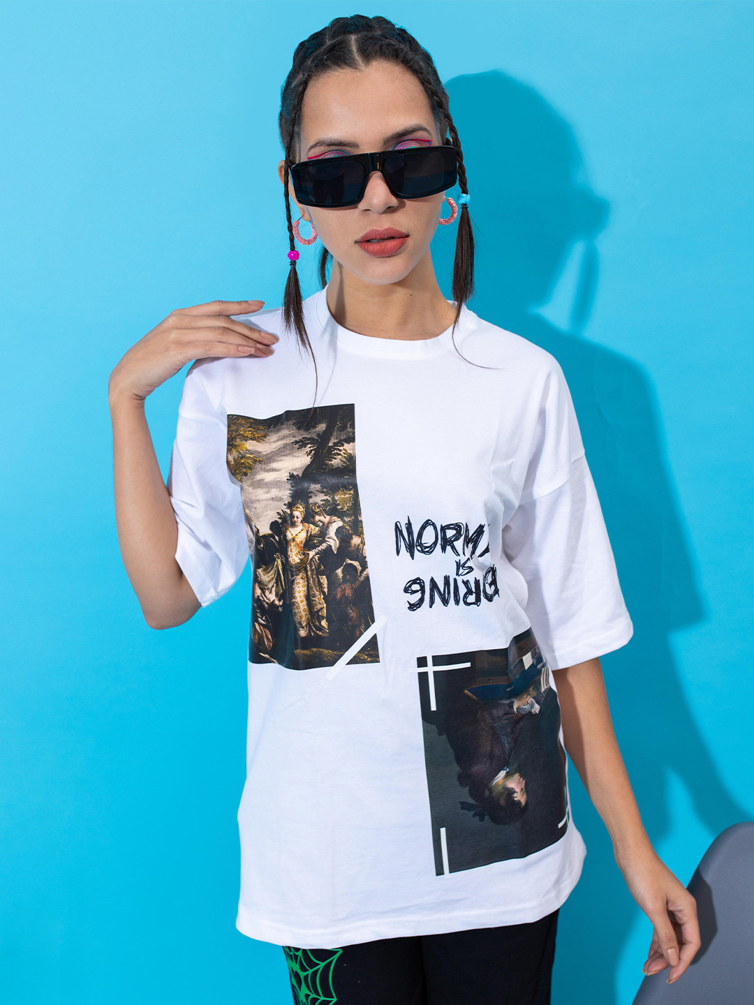 

Stylecast X Hersheinbox Women Printed Drop Shoulder Sleeves Pure Cotton Boxy T-shirt, White