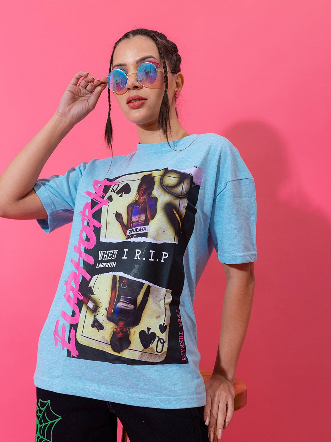 

Stylecast X Hersheinbox Women Printed Cotton Boxy T-shirt, Blue