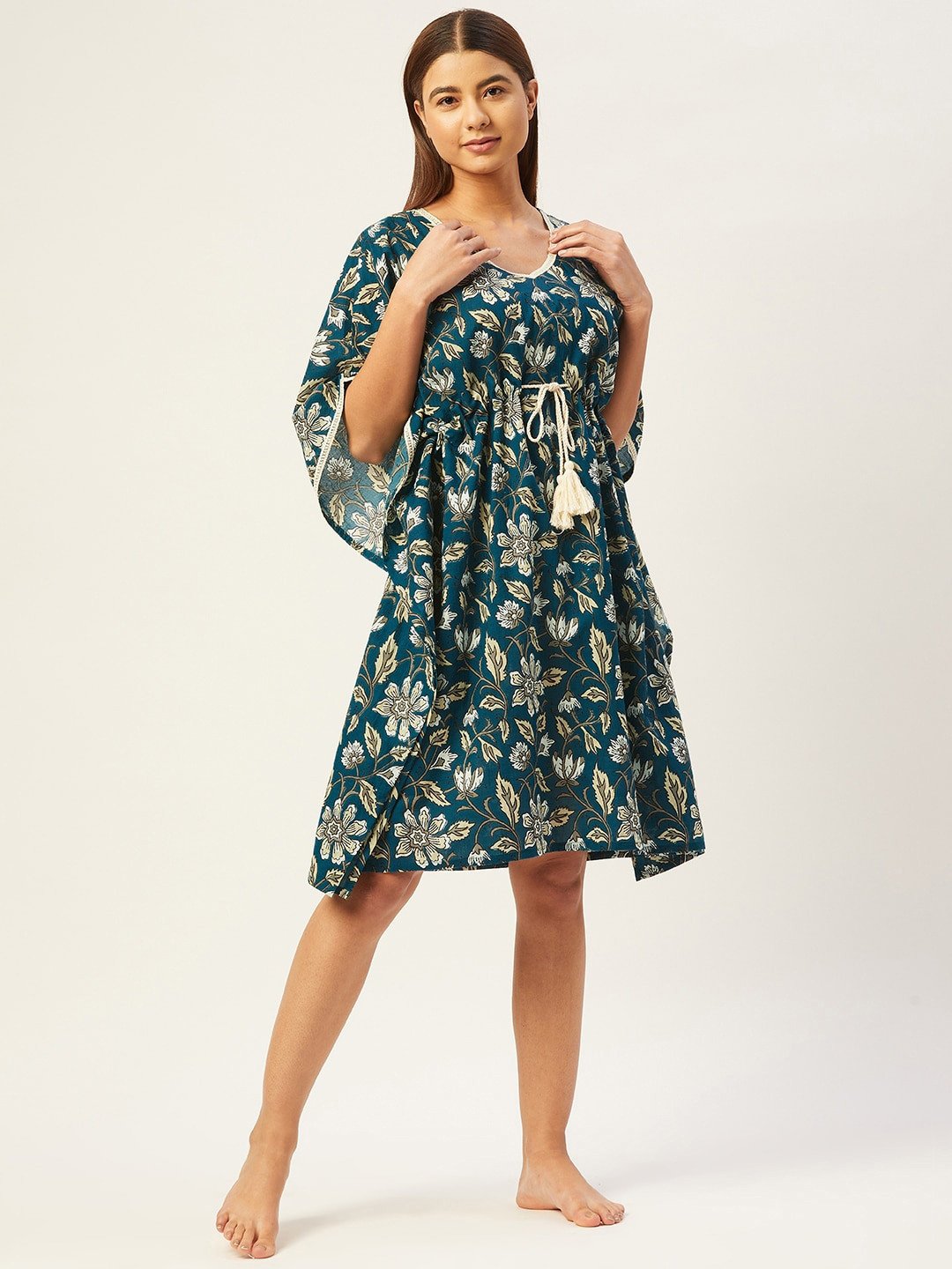 

Ikk Kudi by Seerat V-Neck Floral Printed Cotton Midi kaftan Dress, Green