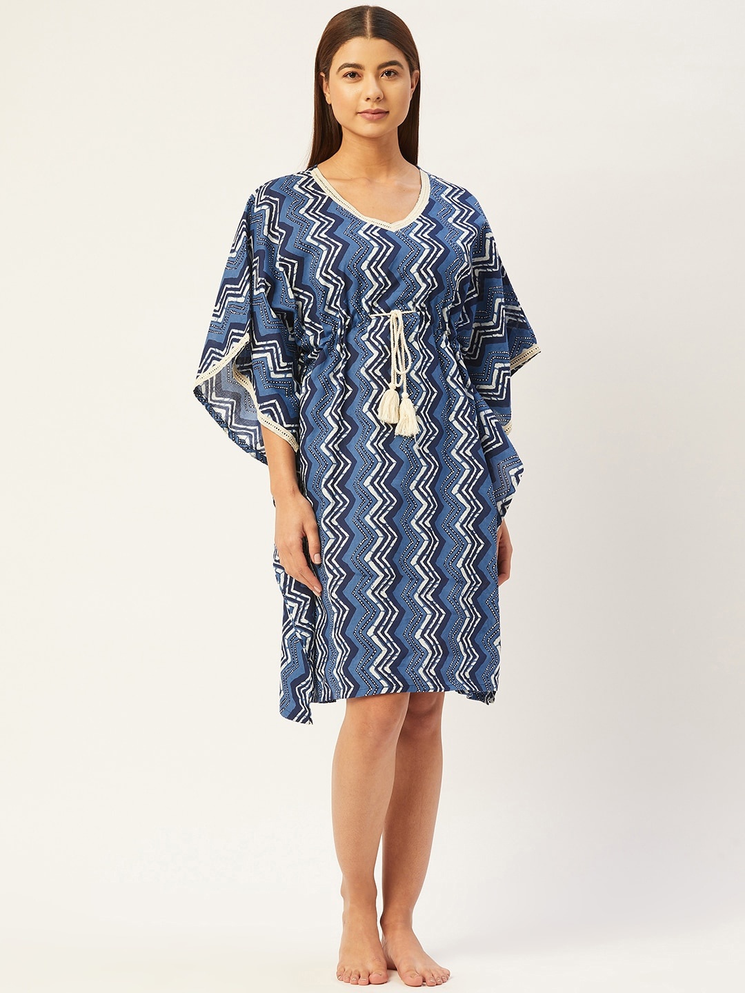 

Ikk Kudi by Seerat Chevron Printed Pure Cotton Kaftan Nightdress, Blue